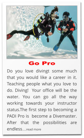 Do you love divingt some much that you would like a career in it. Teaching people what you love to do. Diving!  Your office will be the water. You can go all the way working towards your instructor status.The first step to becoming a PADI Pro is  become a Divemaster. After that the possibilities are endless.....read more Go Pro