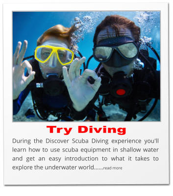 Try Diving During the Discover Scuba Diving experience you'll learn how to use scuba equipment in shallow water and get an easy introduction to what it takes to explore the underwater world……read more