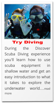 Try Diving During the Discover Scuba Diving experience you'll learn how to use scuba equipment in shallow water and get an easy introduction to what it takes to explore the underwater world……read more