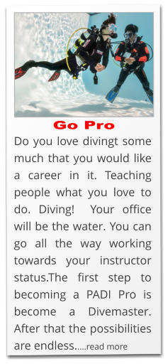 Do you love divingt some much that you would like a career in it. Teaching people what you love to do. Diving!  Your office will be the water. You can go all the way working towards your instructor status.The first step to becoming a PADI Pro is  become a Divemaster. After that the possibilities are endless.....read more Go Pro